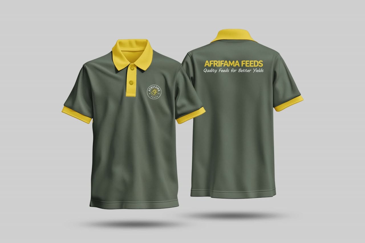 Afrifama Feeds olive and yellow branded polo shirt