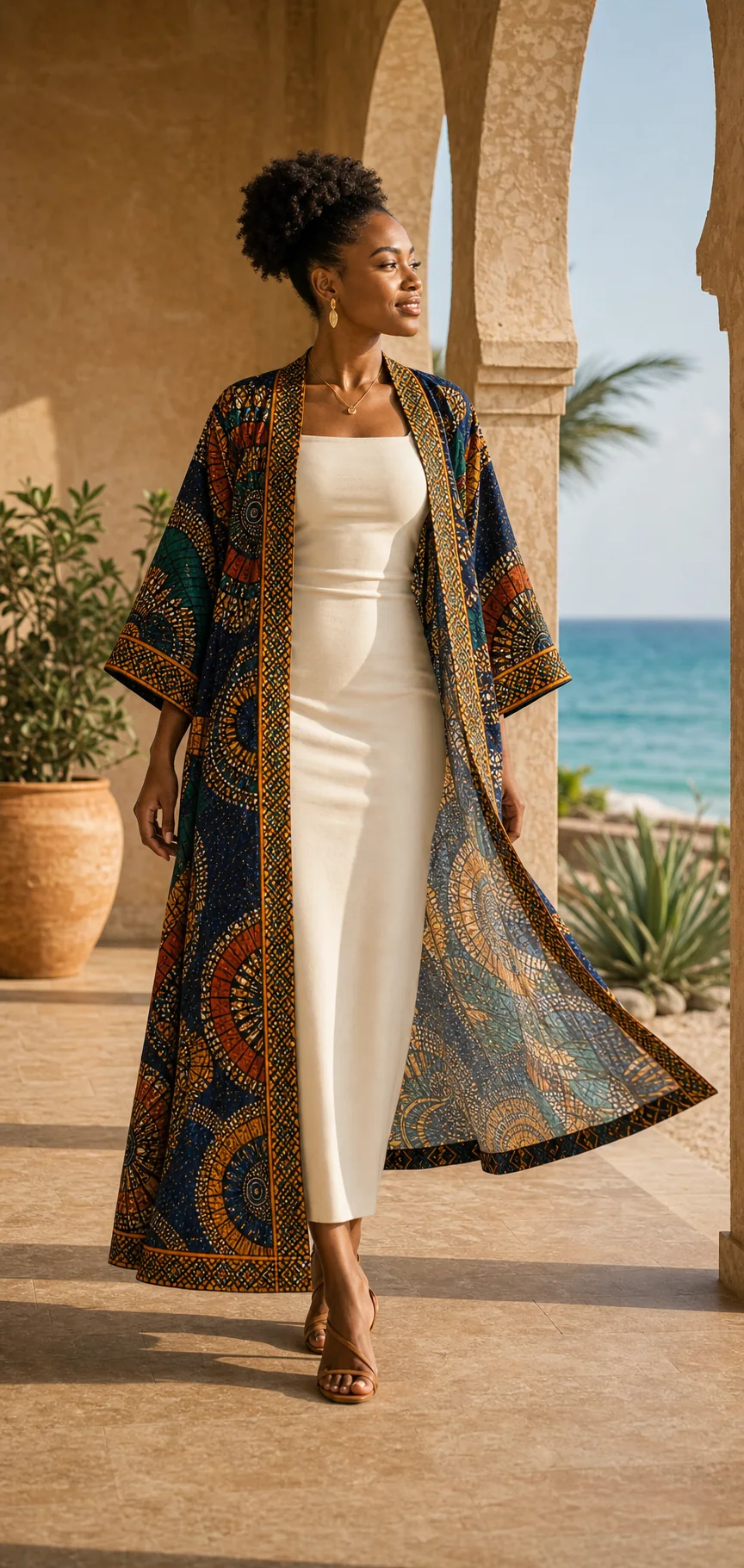 Long flowing African print kimono over a cream dress