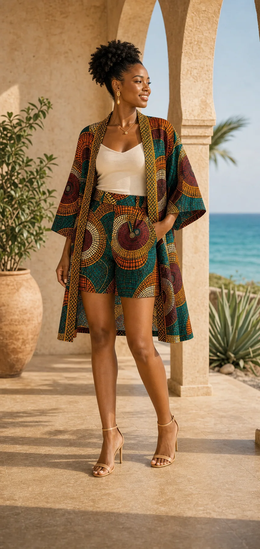Matching tailored Ankara shorts and open-front kimono set