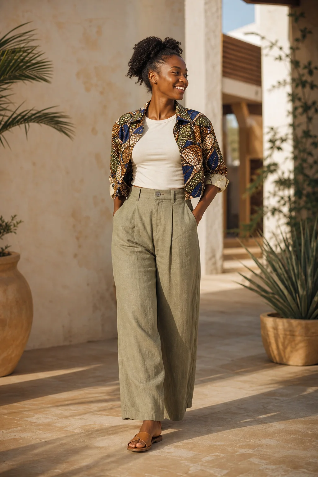 Relaxed linen trousers and cropped African print overshirt