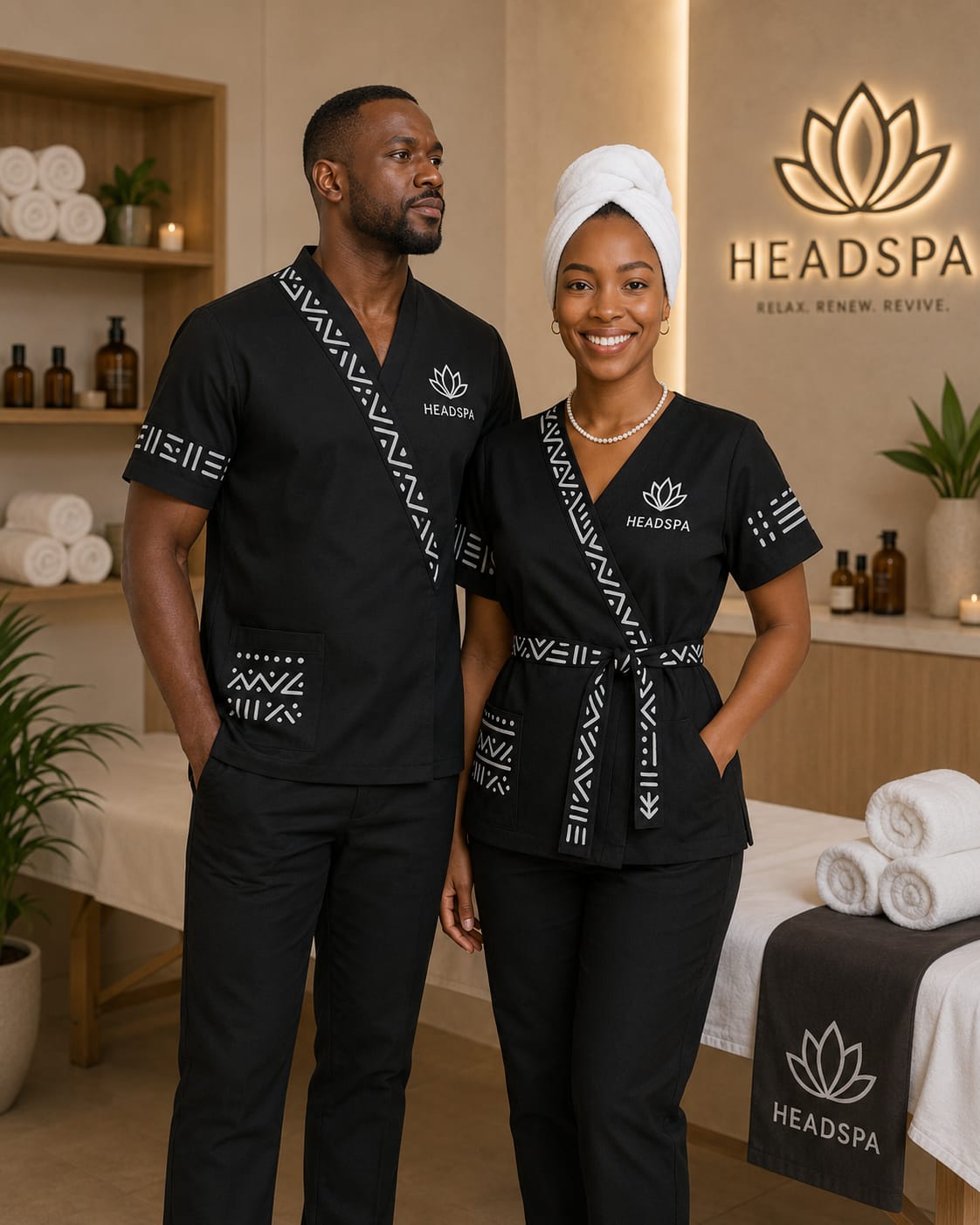 Professional wellness uniforms with African-inspired details